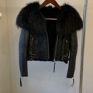 Women's Black Shearling Sheepskin Lamb Fox Fur Jacket
